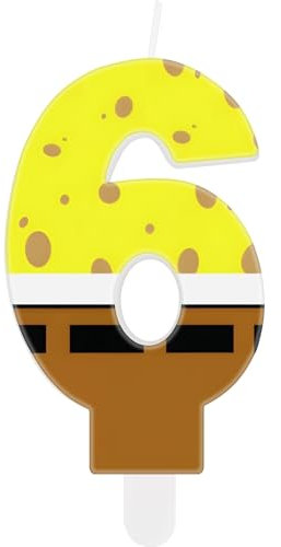 Gelbe Schwamm-Kerzen in Form der Zahl 6, für Kuchen und Mädchen, Jungen, 6. Geburtstag, Cartoon-Motiv, für Mädchen und Jungen