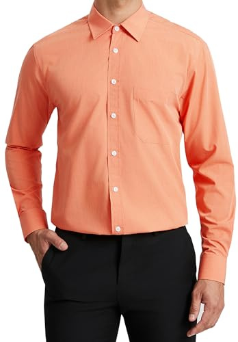 HISDERN Chemise Orange à Manches Longues pour Hommes Chemise Habillée en Fibre de Bambou Coupe Régulière Chemise sans Repassage avec Poche,3XL