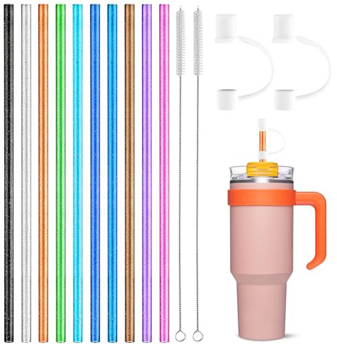 10-Pack Glitter Straws for Stanley Cup, 31cm Colorful Reusable Straw Compatible with Stanley Cup Straw, Hard Straws Reusable with 2 Cleaning Brush, 2 Straw Plug, for Various Beverages & Cups