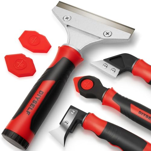DIYSELF Caulking Tool, 4 in 1 Caulk Remover Tool for Bathroom, Bathtub, Grout, Shower, Tile, Window, Razor Scraper Tool for Cleaning, Silicone Caulk Removal Tool (Red)