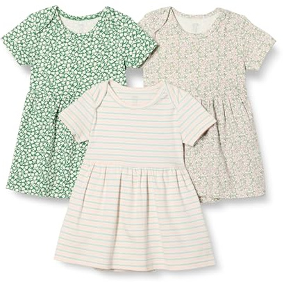 Amazon Essentials Robe à Manches Courtes en Jersey de Coton Bébé fille, Lot de 3, Rayures/Vert Sauge Jaune Floral, 3-6 mois