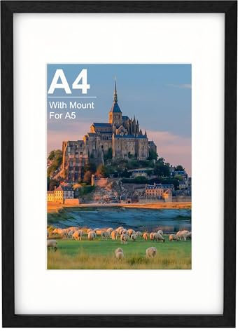 A4 Picture Frame, Wooden A4 Photo Frame 21 x 29.7 cm Inches with A5 Mount, Poster Frame for Certificates and Artwork, Wall Mount Horizontal or Vertical