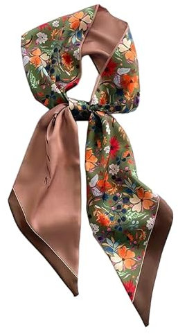 GIMIRO Satin Seidenschal 148 x 13,5 cm Krawatte Double Layer Bund für Blazer, Mantel, Kleid (Coffee Green Orange Flowers)