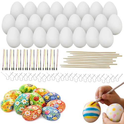 Your Design Oster-Eier: 25 Kunststoff-Ostereier zum Bemalen und Aufhängen, 6 cm Höhe, 10 Stäbe (Osterdeko Kunststoff, Ostereier Dekoration)