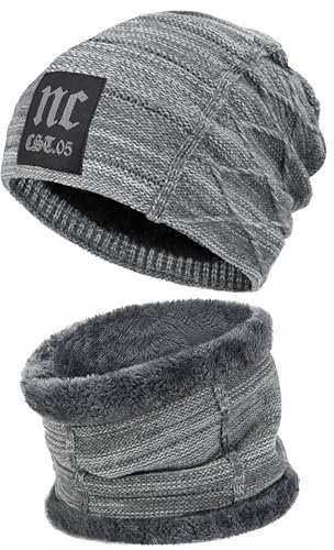 Bequemer Laden 2 Stücke Winter Beanie Mütze Schal Set Wolle Warme Strickmütze Dicke Fleecefutter Wintermütze & Schal für Herren und Damen, 2-grau, Einheitsgröße