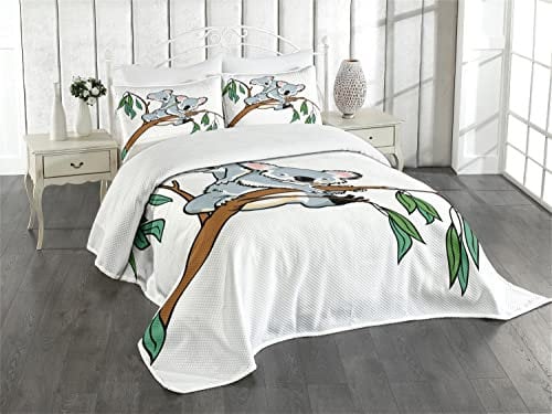 ABAKUHAUS tropisch Tiere Tagesdecke Set, Koala Eukalyptus, Set mit Kissenbezug Moderne Designs, für Einzelbetten 170 x 220 cm, Braun Grau