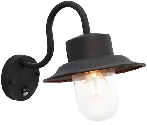 National Lighting Morley Modern Black Textured Finish Outdoor Garden Security PIR Motion Sensor Fisherman's Lantern Wall Light IP44 Rated