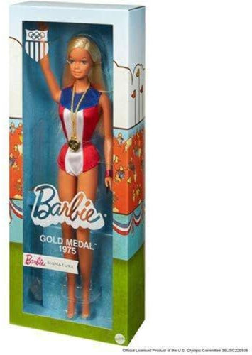 Barbie 1975 Goldmedaillen-Puppen-Reproduktion, mit Olympischen Spielen und Goldmedaillen-Accessoire. mit Puppenst nder und Echtheitszertifikat, Geschenk f r Sammler