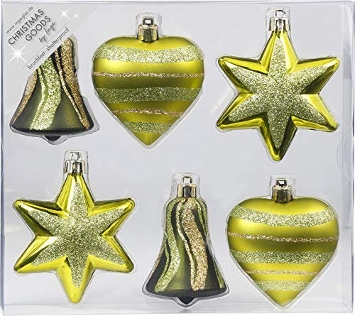 MAGIC 6 STK. Weihnachtskugeln Kunststoff 9cm Formen-Sortiment Glocke Herz und Stern Christbaumschmuck Weihnachtsdeko Weihnachtsschmuck Olive Green-Mix - olivgrün