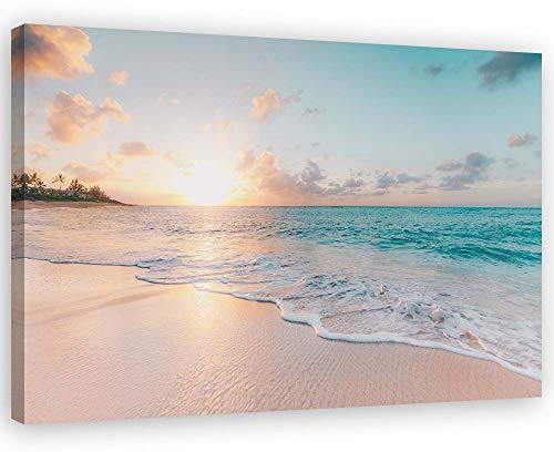 Feeby Wandbild Strand Druckbild Leinwandbild Sonnenuntergang Blau 90x60 cm