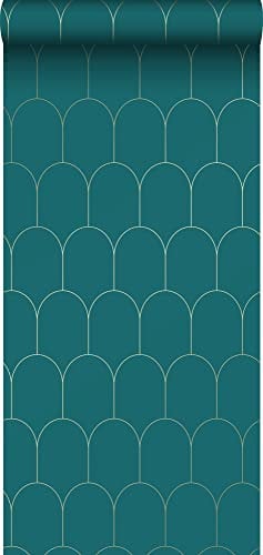 ESTAhome papier peint art déco bleu canard et or - 139205-0,53 x 10,05 m