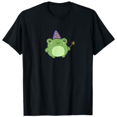 Kawaii Cottagecore Aesthetic Frog T-Shirt für Frauen und Kinder, Schwarz, S, Kurzarm, Klassische Passform, Cottagecore Cartoon Frosch-Zauberer Grafik, Halloween