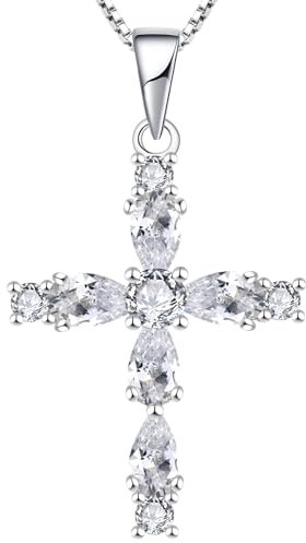 YL Kreuz Kette 925 Sterling Silber April Geburtsstein Weiß Zirkonia Kruzifix Anhänger Geschenke für Damen Mama, 45-48 CM