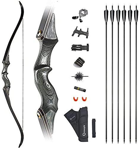 AMEYXGS 60 Takedown Recurve Bogen und Pfeil Set 25-60lbs Traditionelle Langbogen Bogenschießen Zubehör Outdoor Jagdpraxis Erwachsenen Bogen Linkshänder (Grau, 60lb)