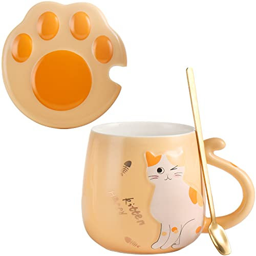 All-Pie Cat Mug Cute Ceramic Coffee Cup with Lovely Cat Claw lid Stainless Steel Spoon,Special Tea Cup Set 400ml/13.5oz (Yellow)