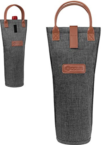 opux Wine Bag Single Bottle Carrier Tote, Insulated Travel Wine Cooler Bag for Picnic Beach Gift, Thermal Padded Portable One Bottle Holder Carrying Case for Women Men Wine Lovers, Charcoal Gray
