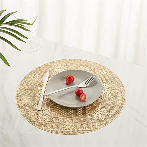 Platzdeckchen Weihnachten Set, Rund Schneeflocken Platzset Abwaschbar, Tischsets PVC Tischmatte für Weihnachts Deko (Gold, 6er Set)