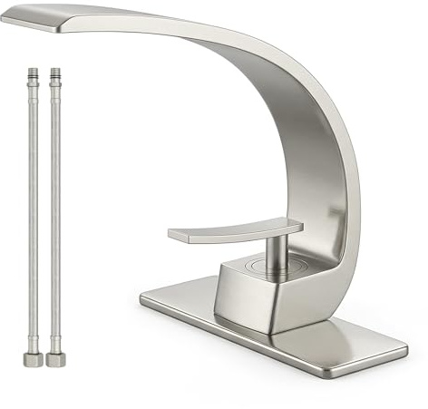 Geobella Badezimmer-Waschbeckenarmatur, moderner Einloch-Wasserhahn mit 1 Griff, gebürstetes Nickel, massives Messing, Halterung gebogener Waschtischarmaturen, Mischbatterie
