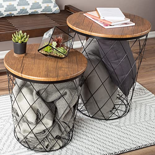 Lavish Home Beistelltische, 2er-Set, Nisttische mit abnehmbaren Holzplatten und Metallkorbböden zur Deckenaufbewahrung, runde Beistellmöbel für Wohnzimmer, Schlafzimmer oder Heimbüro