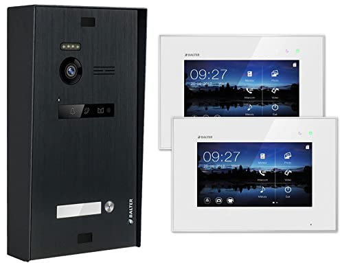 Nonic Balter EVO Aufputz Video-Türsprechanlagen Set 1 Familienhaus (1x Türstation mit Kamera Schwarz, 2X Touchscreen 7 Zoll LCD-Monitor Weiss, 2-Draht Bus, 150° Kamera, Türöffner, Interkom)