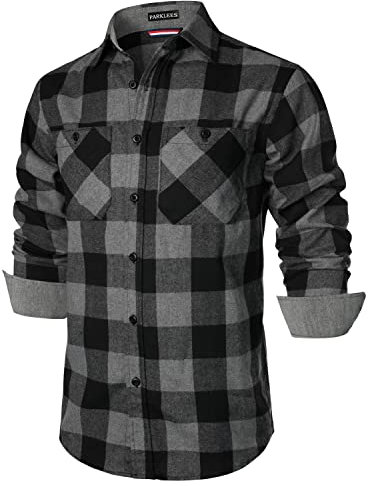 PARKLEES Chemise classique élégante à manches longues en polaire boutonnée avec poche pour homme, Noir/gris, XL