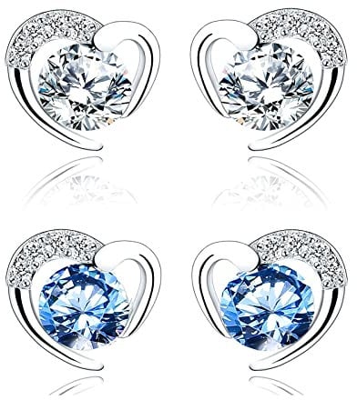 Silver Stud Earrings for Women, Stud Earrings White Gold Blue Cubic Zirconia Heart Studs│Dainty Earrings Jewellery Gifts for Girls 2 Pairs