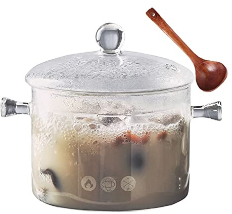 THUCHENYUC Simmer Pot Potpourri, Glas-Kochtopf Mit Deckel Hitzebeständiger Glas-Simmertopf Für Herdplatte Doppelgriff-Topf Mit Suppenkelle Für Nudelsuppe Milchtee (Color : A, Size : 1500ml)