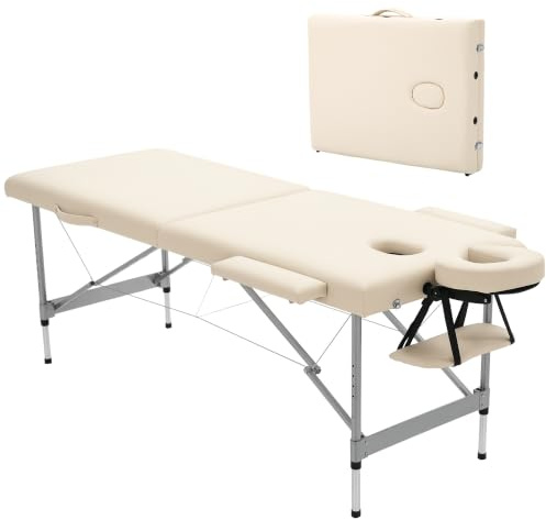 HOMCOM Klappbare Massageliege Tragbare Massageliege mit 7-Fach höhenverstellbarer Kopfstütze und Aluminium-Legierungsrahmen für Physiotherapie Belastbarkeit 130 kg 186x71x62-83 cm Beige