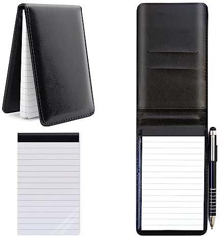 FINEASY Mini Pocket Notebook A7 Holder Set 100 Page 88G PU Leather Notebook with 50 Lined Sheets and 1Pc Metal Pen Small Notepad for School Office Business Home Note Writing (black) (black) (black)