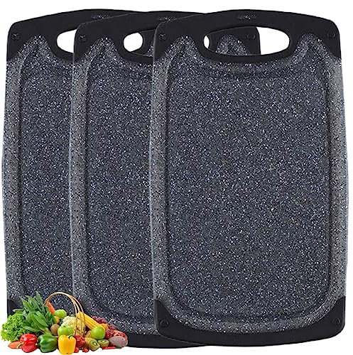 Black Chopping Board Set of 3 Plastic Kitchen Cutting Boards Non-Slip Easy Grip Handle Dishwasher Safe Juice Groove Design for Meat Fruit Vegetable Food 35 * 21cm