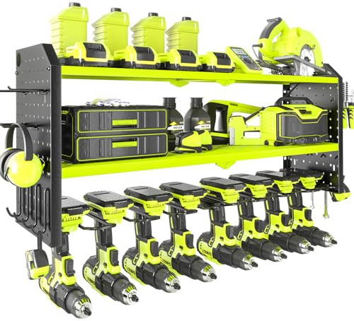 KAFAHOM Power Tool Organizer, Large 8 Drill Holder Wall Mount with 2 Side Pegboards, Heavy Duty Metal Tool Shelf with 12 Hooks, Storage Rack for Garage Organization, Utility Battery Shelves - Green