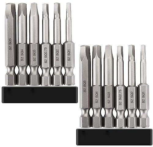 Saipor 12PCS Magnetic Square Head Screwdriver Bits Set 2 Inch Length 1/4'' Hex Shank Robertson Square Drive Bit S2 Steel SQ1, SQ2, SQ2.7, SQ3, SQ4, SQ5 Quick Release Power Tools, 2 Set of 6