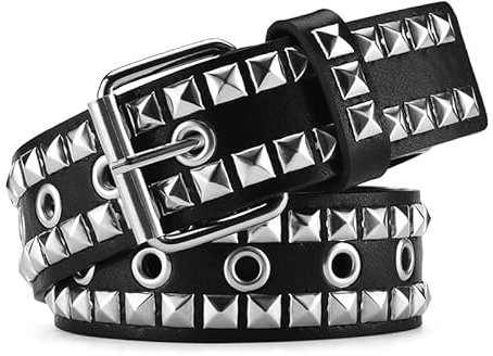SNCEAW Nietengürtel, Punk-Rock-Nietengürtel mit hellen Pyramiden-Nieten für Damen und Herren, 3 schwarze Punk-Nieten, Fit Pant 31-36 inch