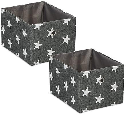 Relaxdays Aufbewahrungsbox, 2er Set, Stoffbox rechteckig, HxBxT: 16x20x25 cm, Sterne-Motiv, Ordnungsbox offen, grau/weiß