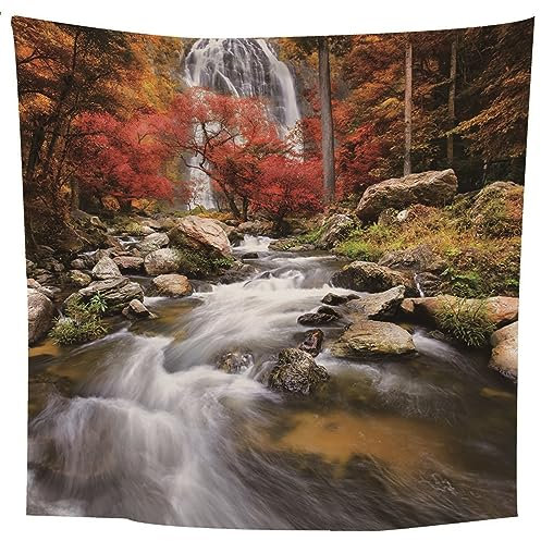 Lieson Wandbehang Wasserfall und Ahornbaum, Deko Wandteppich Braun Rot Wandteppiche für Wohnzimmer Tagesdecke Zimmer Schlafzimmer, 200x200CM