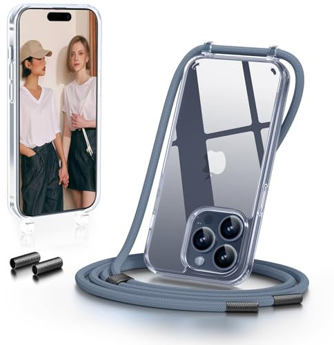 GOODVISH Handykette für iPhone 15 Pro Hülle mit Band | Kameraschutz und Bildschirmschutz | | Necklace Handyhülle mit Schnur Schutzhülle für zum Umhängen | Transparent Case mit Kordel, Blau