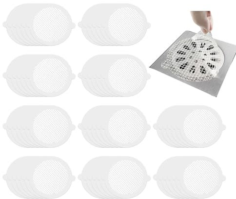 MFCGHXR Disposable Shower Drain Hair Catcher, 60pcs, Black, Fiberglass Mesh with Adhesive Backing, Painted Plastic, 11cm Diameter