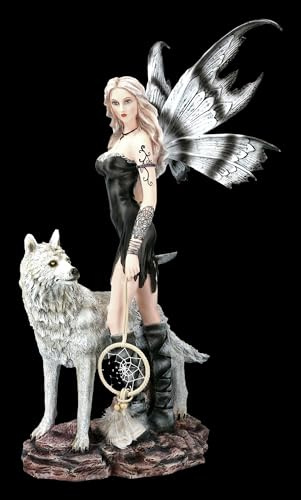 Elfen Figur groß 59 cm mit Traumfänger und Wolf - Fee XXL Fantasy Deko Statue
