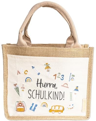 Papierdrachen Jutetasche “Hurra, Schulkind!” - Schulanfang Geschenk - 25x15cm + 13cm Henkel - Bestickt mit Seitentasche - Set 1