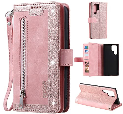EYZUTAK Handyhülle für Samsung Galaxy S24 Ultra,Flip Case Lederhülle Reißverschluss Magnetverschluss Brieftasche mit 9 Kartenfächern Standfuntion Retro Matt Ledertasche-Roségold