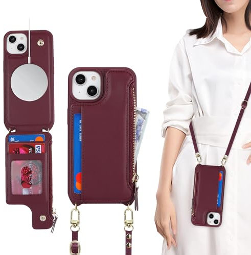 SailorTech for iPhone 14 Plus Case with Credit Card Holder magsafe, iPhone 14 Plus Phone Leather Case Wallet for Men Crossbody with mag safe Zipper Shockproof Case for Women - Burgundy