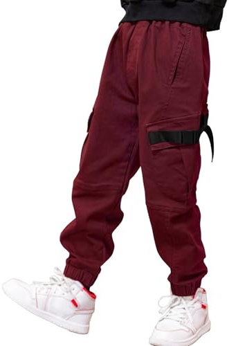 MEILONGER Pantalones Cargo de algodón para niños Estilo Casual Cintura elástica para Senderismo Uniforme Escolar Pantalones Deportivos Joggers(Vino Tinto,10-12)