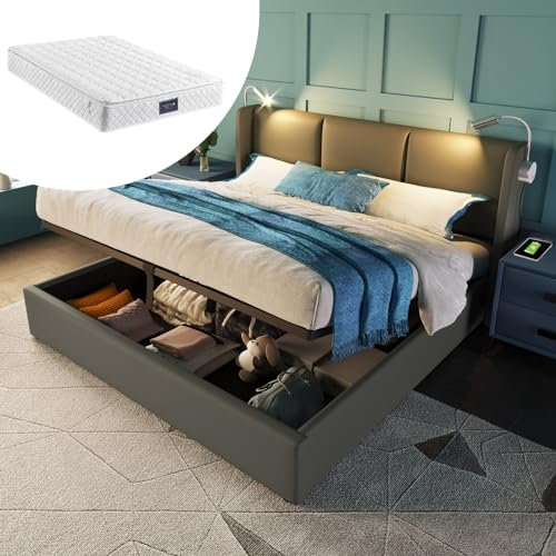 Skcess Polsterbett 140X200 Doppelbett Stauraum Bettkasten Leselicht Mit USB Ladefunktion Kopfteil, Stauraumbetten Bettgestell Pu Jugendbett (Mit Matratze)