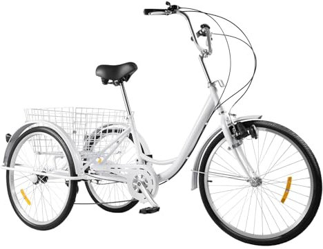 Dreirad Für Erwachsene 24 Zoll, 7 Gang Einstellbar Fahrrad 3-Rad Erwachsene Dreirad mit Einkaufskorb Weiche Sattel und Die Rückenlehne Last-95Kg, für Alle Arten Von StraßEnoberfläChen (Weiß)