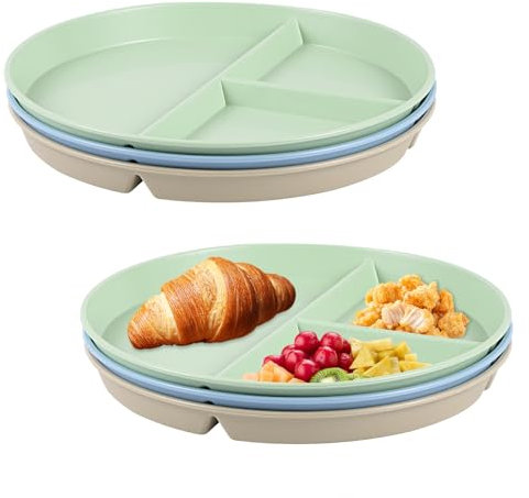 3 Stk Geteilte Teller mit Unterteilung, Geteilte Speiseteller Set, 22,5cm Unzerbrechliches Geschirr Portionskontrolle Teller, Menüteller Platte Wiederverwendbar für Erwachsene Kinder TellerDesserttell