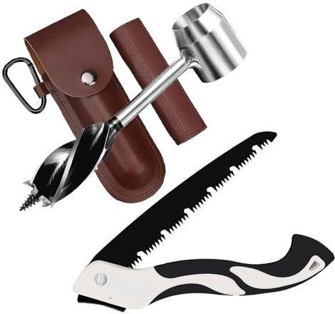 Bushcraft Gear for Survival Settlers Bushscraft Hand Auger Wrench with Folding Saw Eye Wood Drill Peg and Manual Hole Maker Multitool with Protective Case and Hook