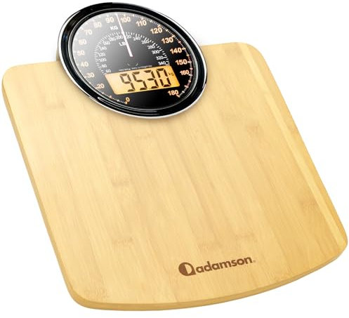 Adamson Pèse-personne Hybride + 2-en-1 Digital et Analogique - Jusqu'à 180 kg - Verre trempé épais - Grand écran - Lecture facile + NOUVEAU + Bois