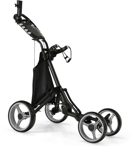 GYMAX Golfwagen klappbar, Golf Trolley mit 4 Räder & höhenverstellbare Positionen, Golftrolley mit ergonomischer Griff, verstellbarem Schirmhalter & Tasche (Grau)