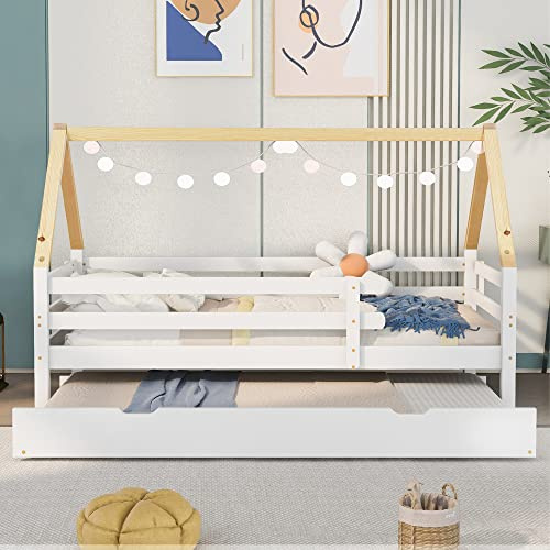 Merax Cama nido Montessori Cama para niños, cama corredera con ruedas inferiores, madera maciza pura, tronco natural, blanco (90 x 200 y 90 x 190 cm)
