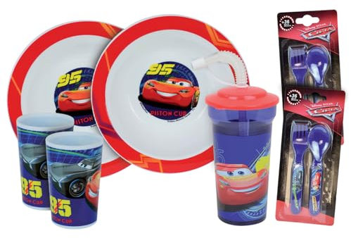FUN HOUSE | Set completo de vajilla Disney Cars para niño | 2 platos hondos + 2 vasos + 2 juegos cubiertos + 1 vaso pajita, licencia oficial | reutilizable | marca francesa | idea de regalo
